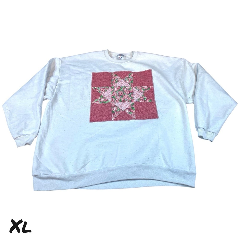 Jerzees Sweatshirt Womens Adult XL White 90s Handmade Grannycore Quilt VTG